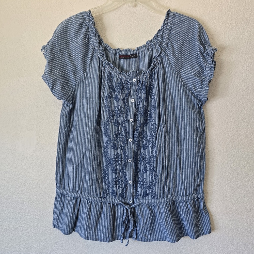 Women's Large Stripe Button Front Top Y2k 90s Ruffled Hem Embroidered Drawstring